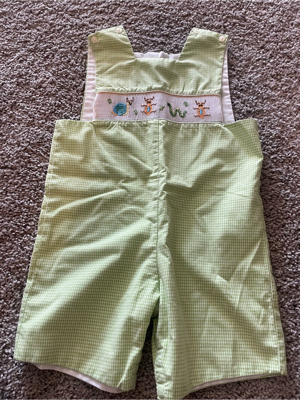 Light Green Gingham Smocked Kids Shortalls